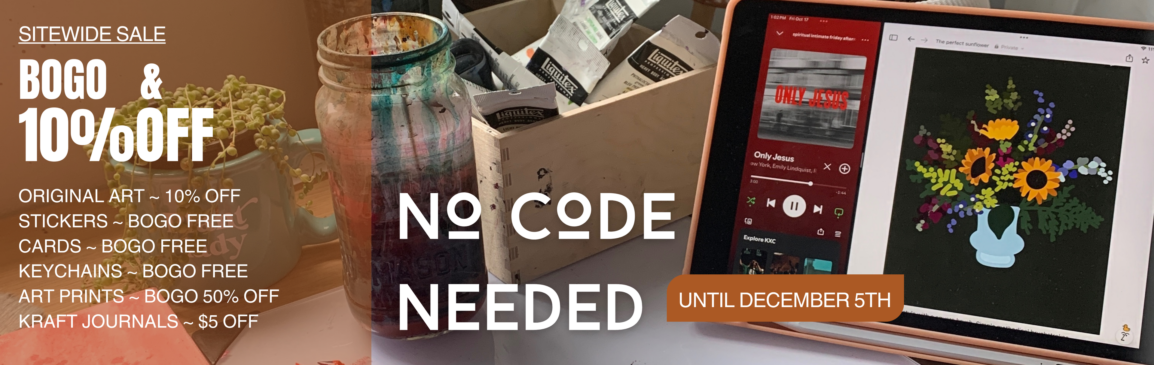 Promotional banner with tablet displaying a digital art design and text about a sale event.